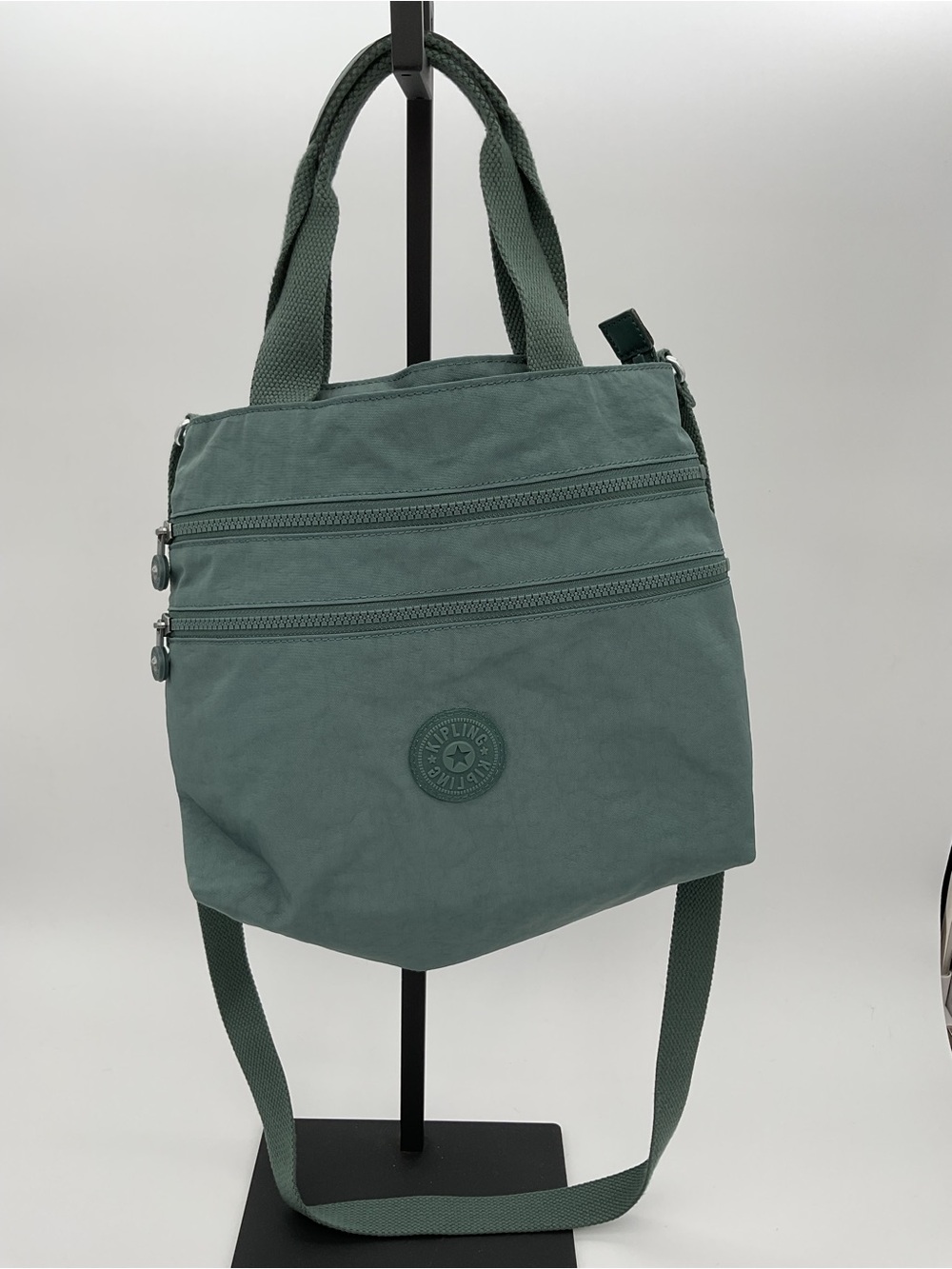 Kipling Dusty Green Crossbody Tote with Dual Zip Front Pockets - No Charm